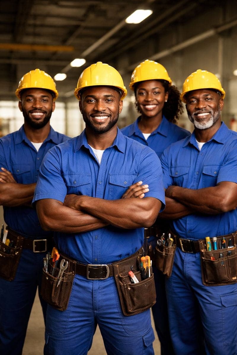 SPS team standing together with safety helmets